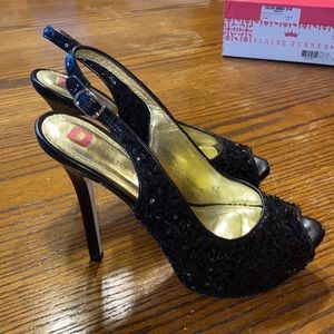 Elaine Turner Salma Black Sequin Peeptoe Slingback Pumps